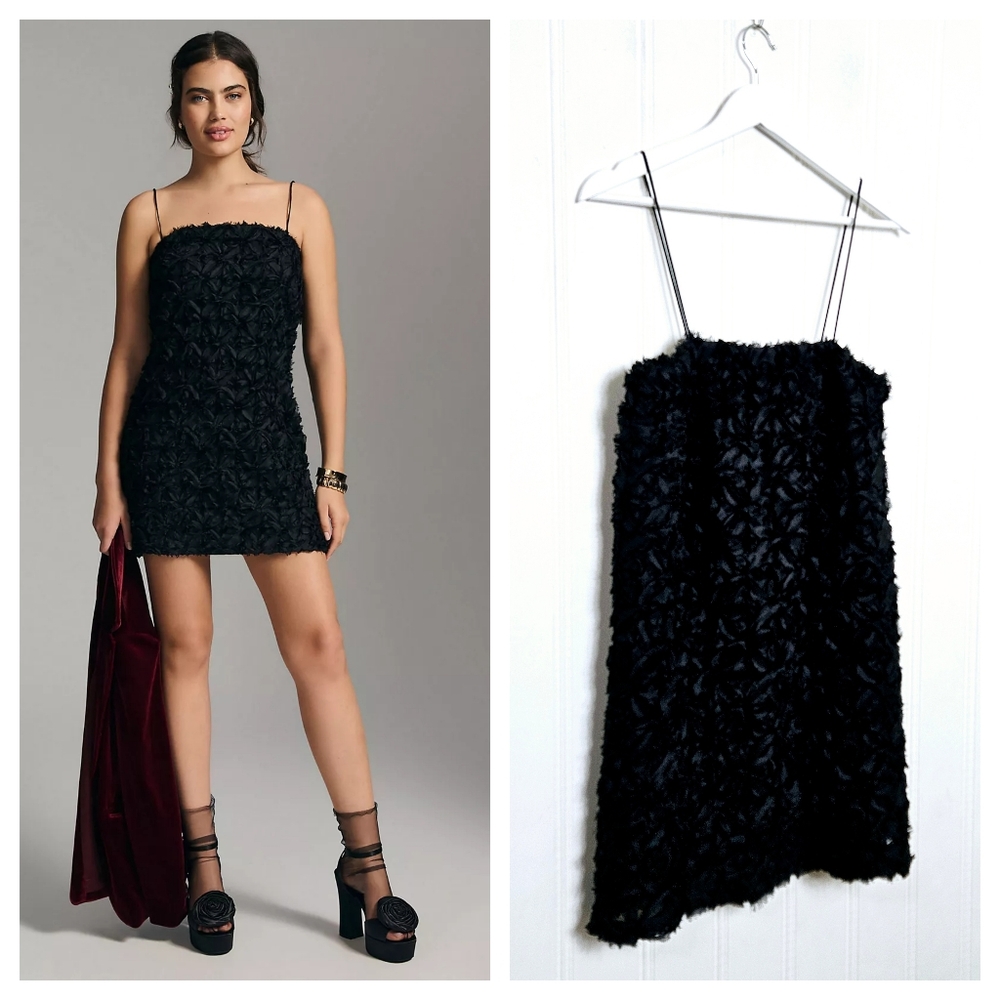 NWT Sunday in Brooklyn Textured Mini Dress S Black 3D Floral Rosette Thin Straps